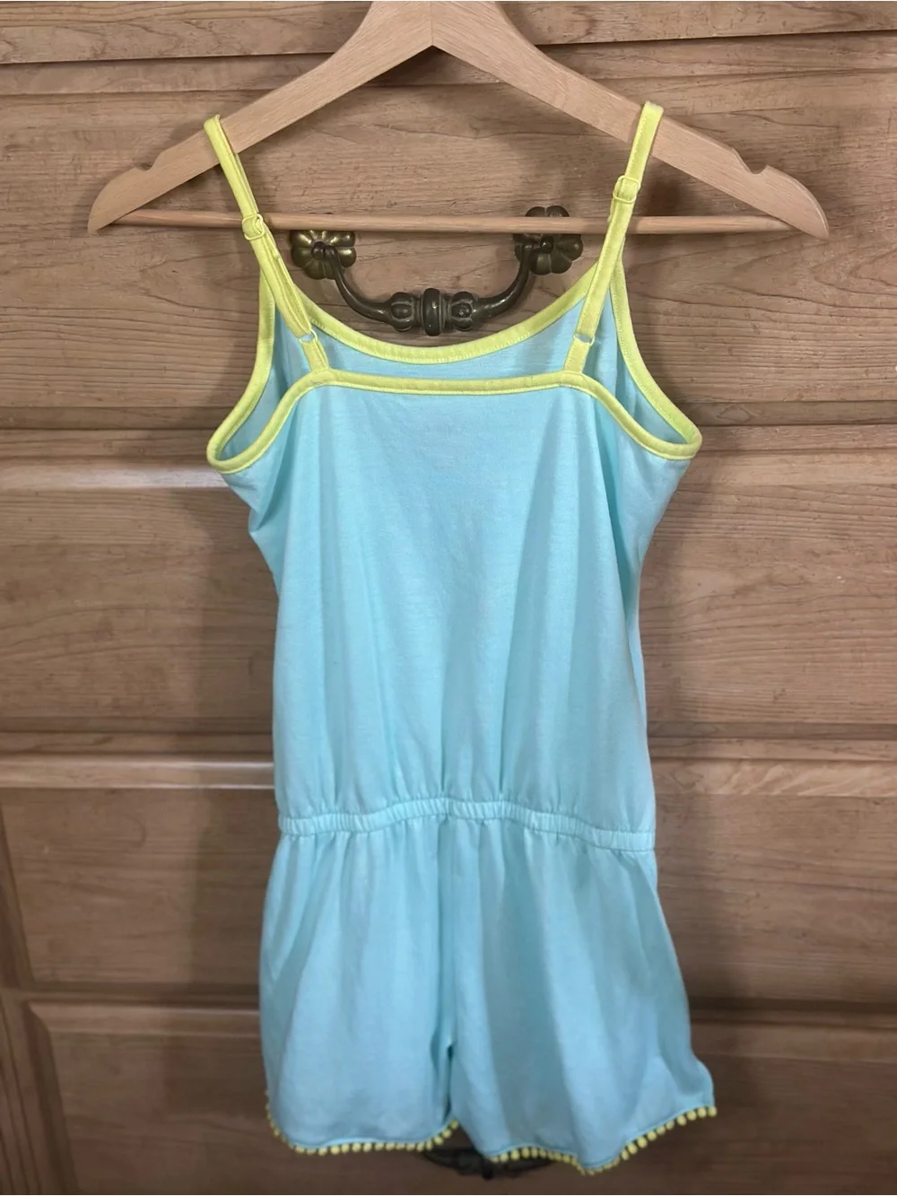 Light Blue Graphic Smiley Romper with Neon Tassled Trim | Size 12